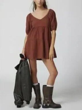 BILLABONG Fall For Ya Tiered Cotton Mini Dress, Brown, Size L